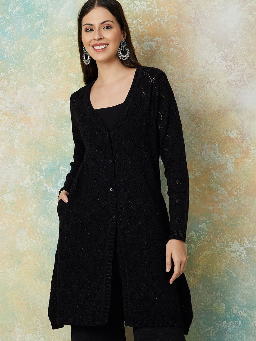 

Melange by Lifestyle Women Open Knit Longline Cardigan, Black