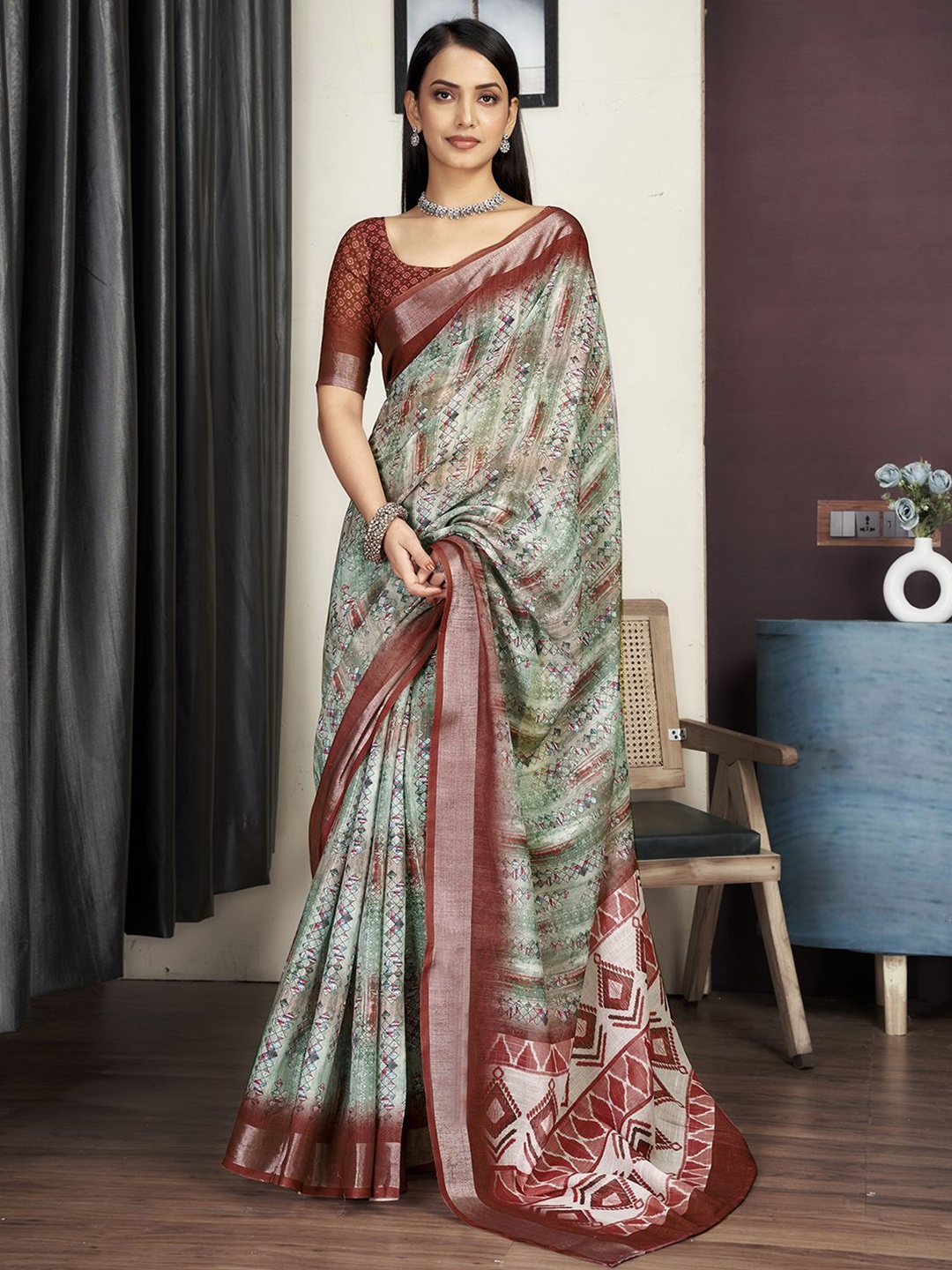 

KALINI Ethnic Motifs Zari Saree, Green