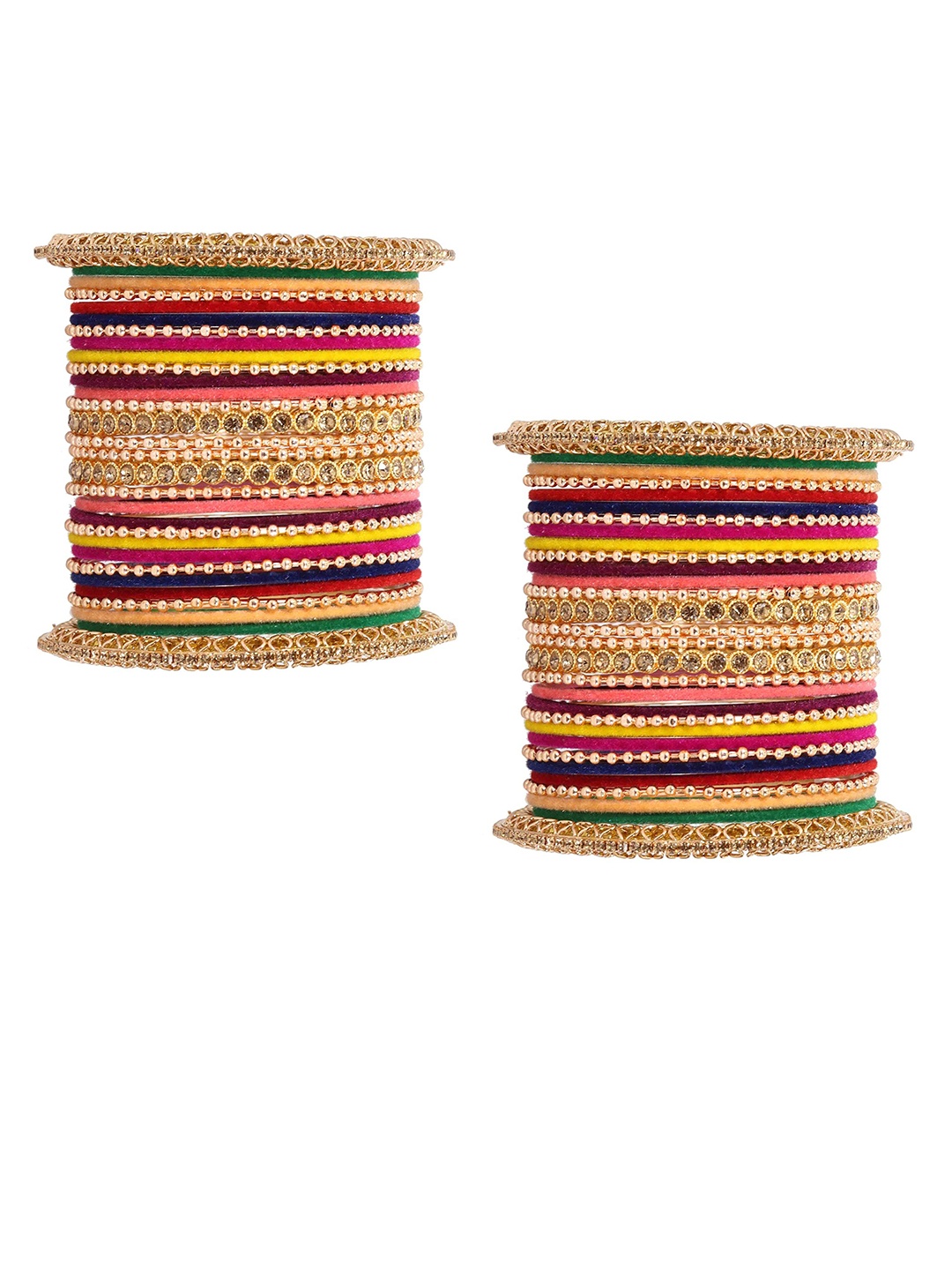 

ZULKA Set of 46 Zircon Gemstone Studded Zari Dotted Metal Bangles, Multi