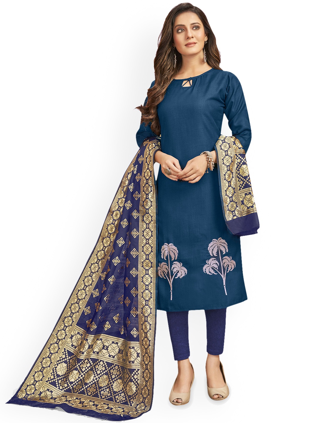 

Maroosh Floral Embroidered Thread Work Unstitched Dress Material, Blue