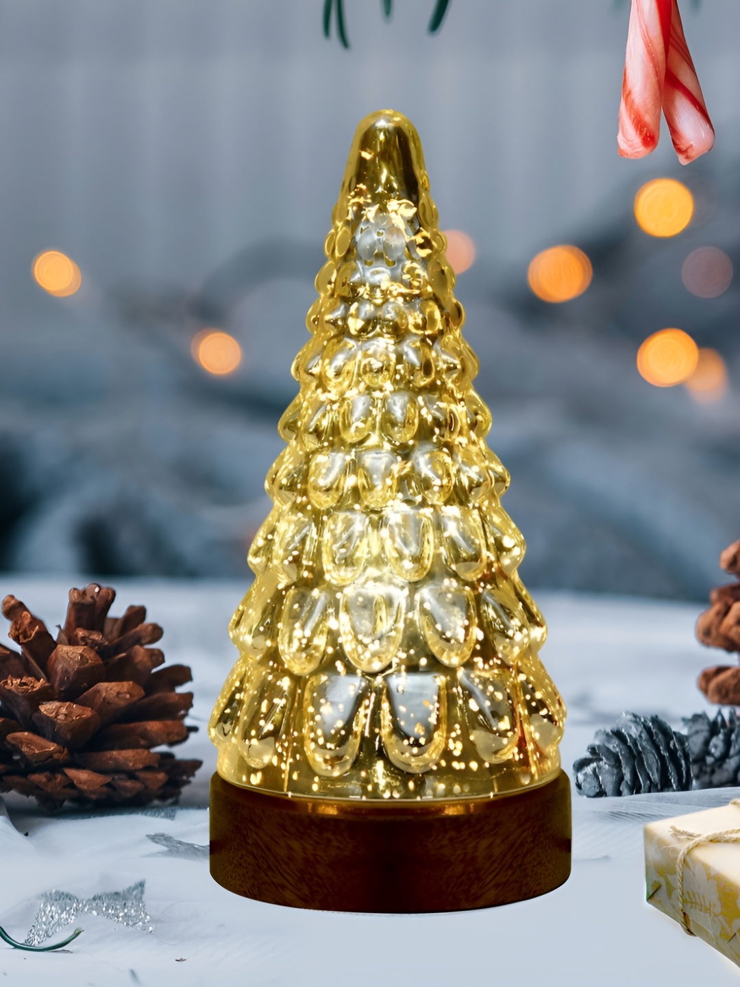 

Homesake Silver Toned Textured Glass Christmas Tree Table Lamp with Wooden Base