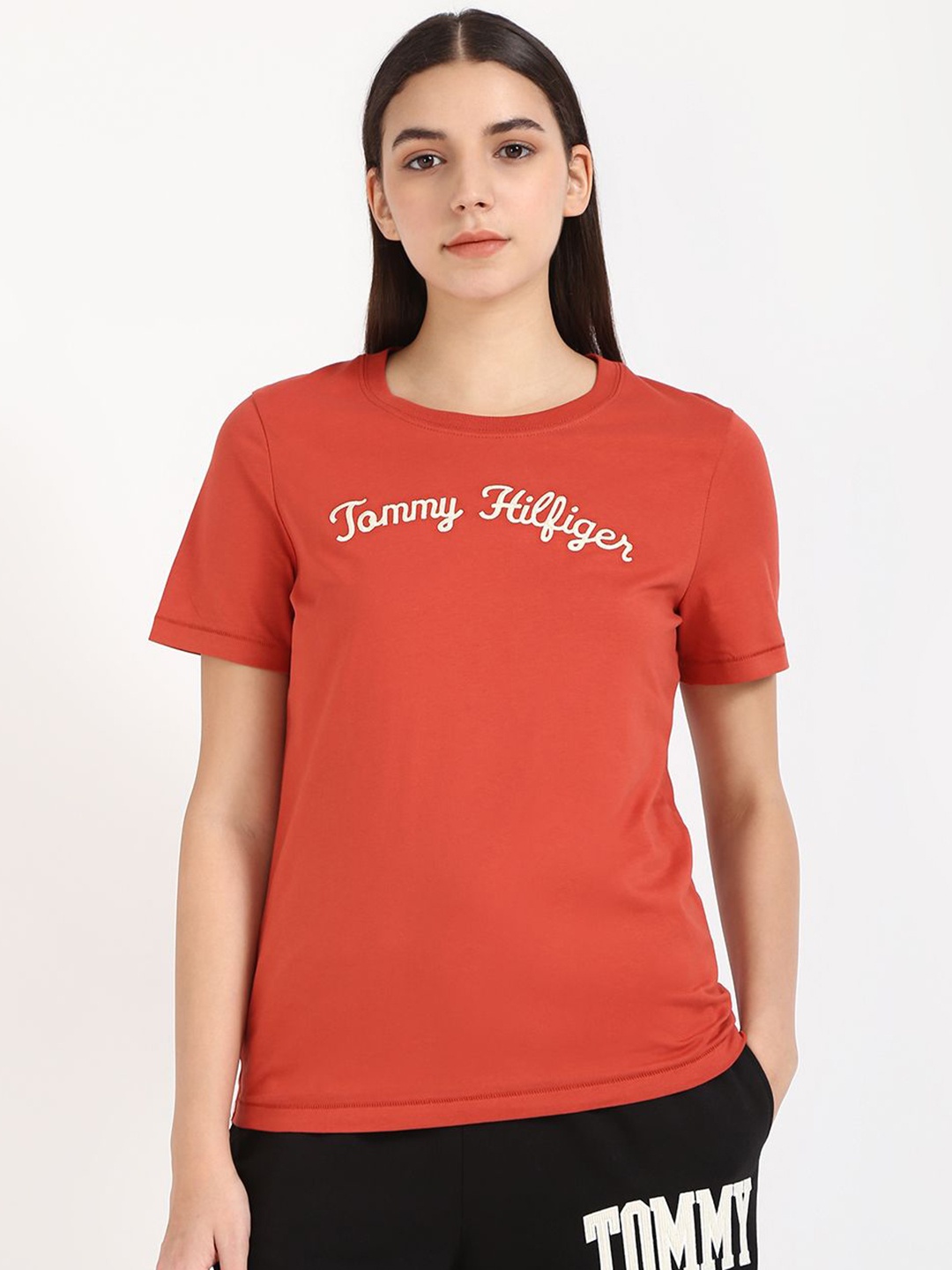 

Tommy Hilfiger Women Typography Printed Round Neck Cotton T-shirt, Orange