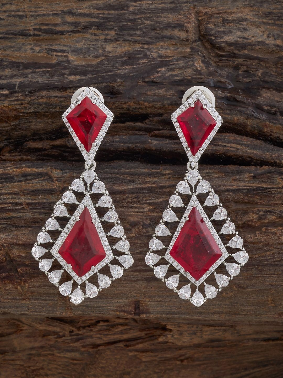

Kushal's Fashion Jewellery Rhodium-Plated Geometric Zircon Drop Earrings, Red