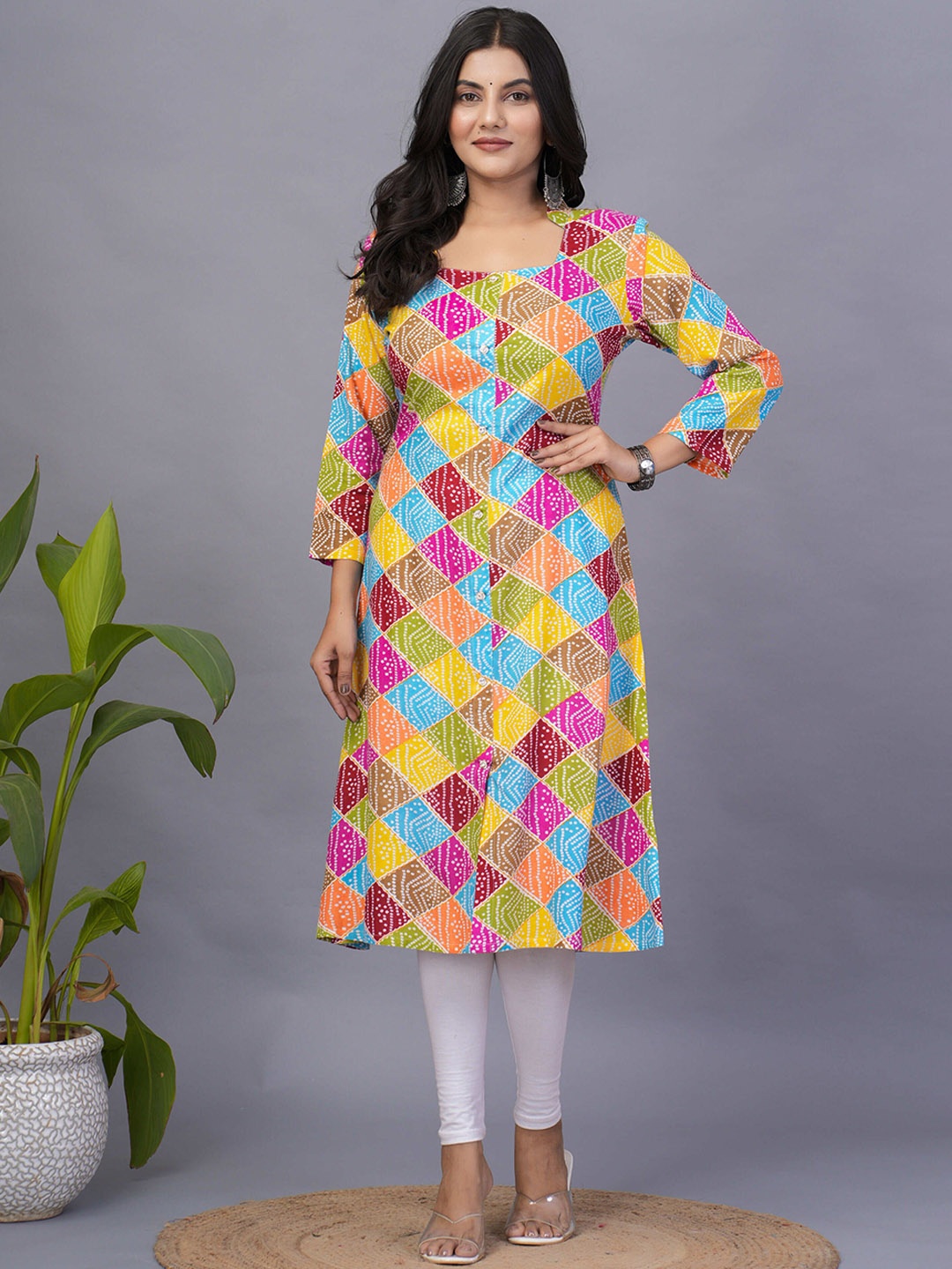 

KALINI Mandarin Collar Geometric Printed A-Line Cotton Kurta, Pink