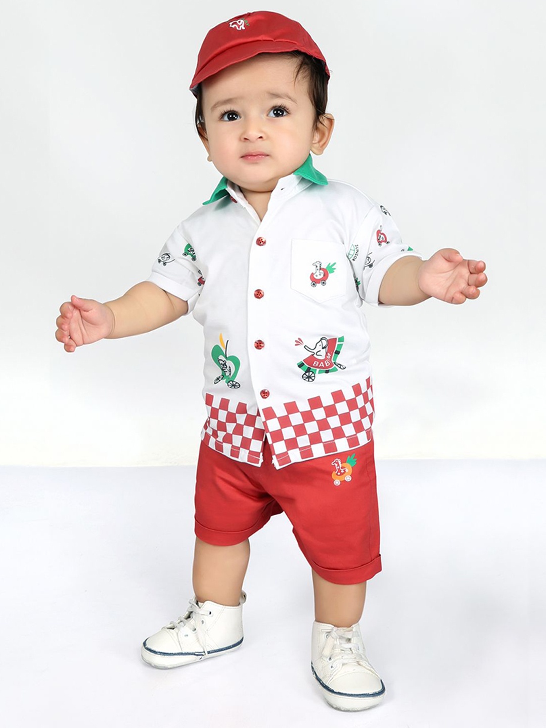 

MashUp Boys Jungle Printed Pure Cotton Shirt With Shorts & Cap, White