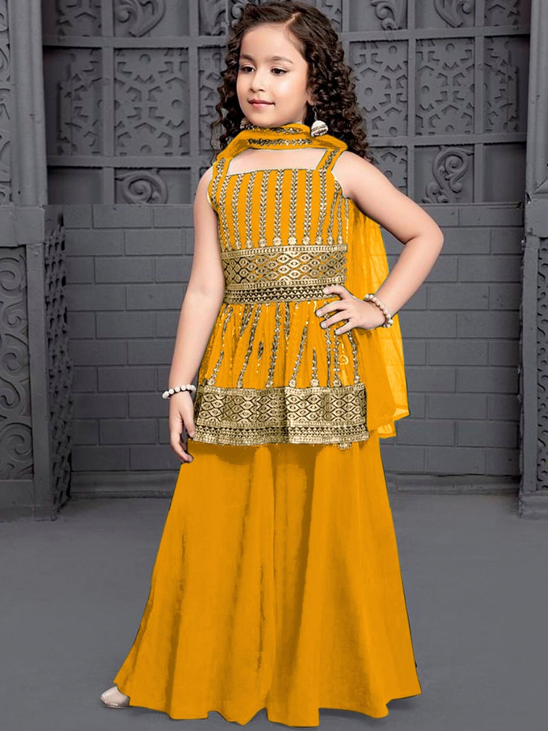 

BAESD Ethnic Motifs Embroidered Regular Kurta with Sharara & With Dupatta, Yellow
