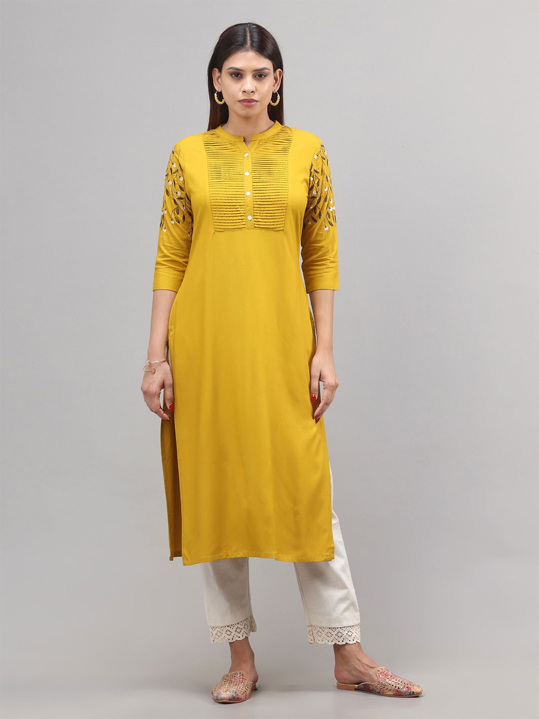 

Vismay Women Embroidered Mandarin Collar Kurtas, Mustard