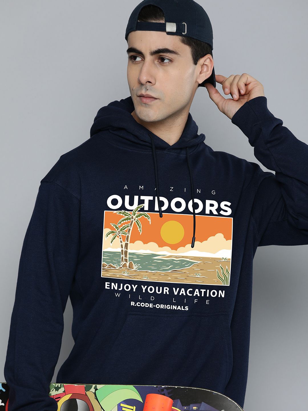 

R.Code by The Roadster Life Co. Men Cotton Hooded Sweatshirt, Navy blue