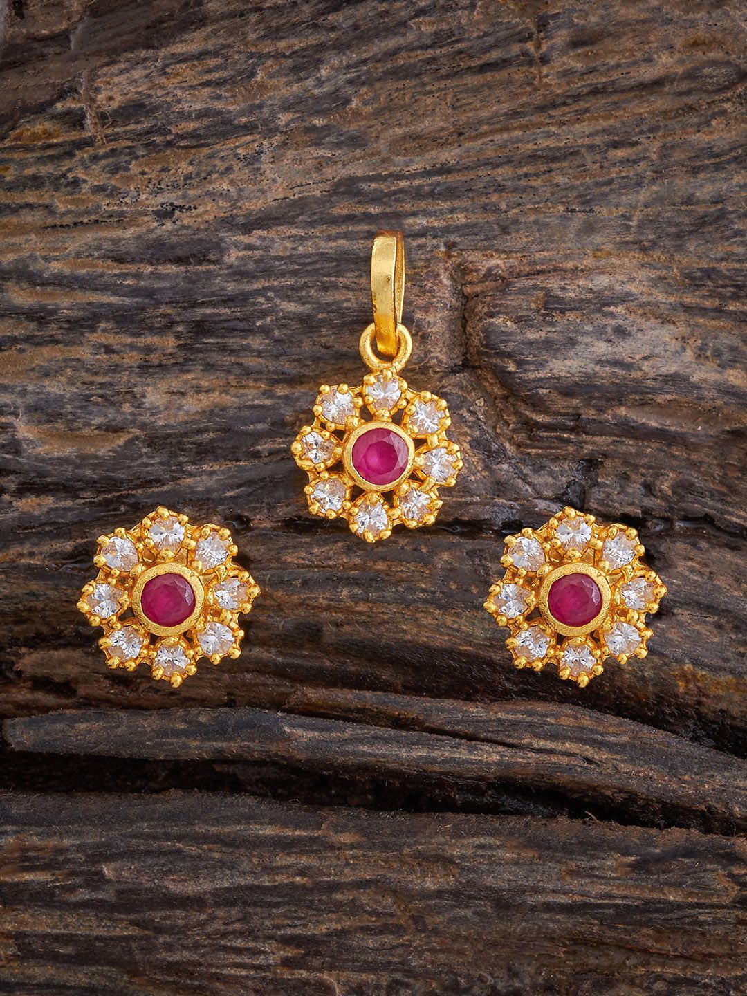 

Kushal's Fashion Jewellery 92.5 Pure Silver Gold-Plated Ruby Ethnic Temple Jewellery Set