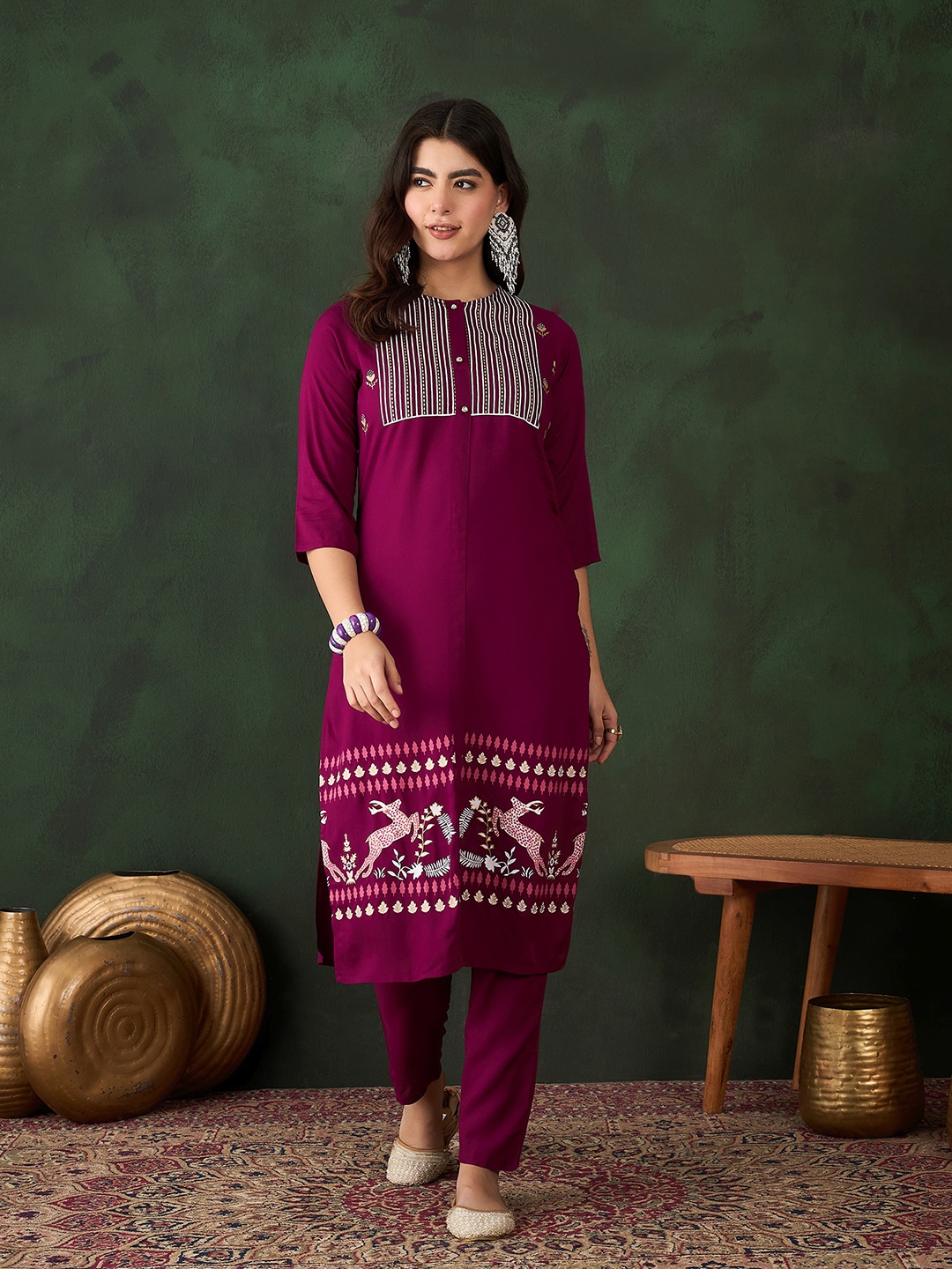 

Sangria Fuchsia Quirky Printed Round Neck Three-Quarter Sleeves Regular Kurta & Trouser