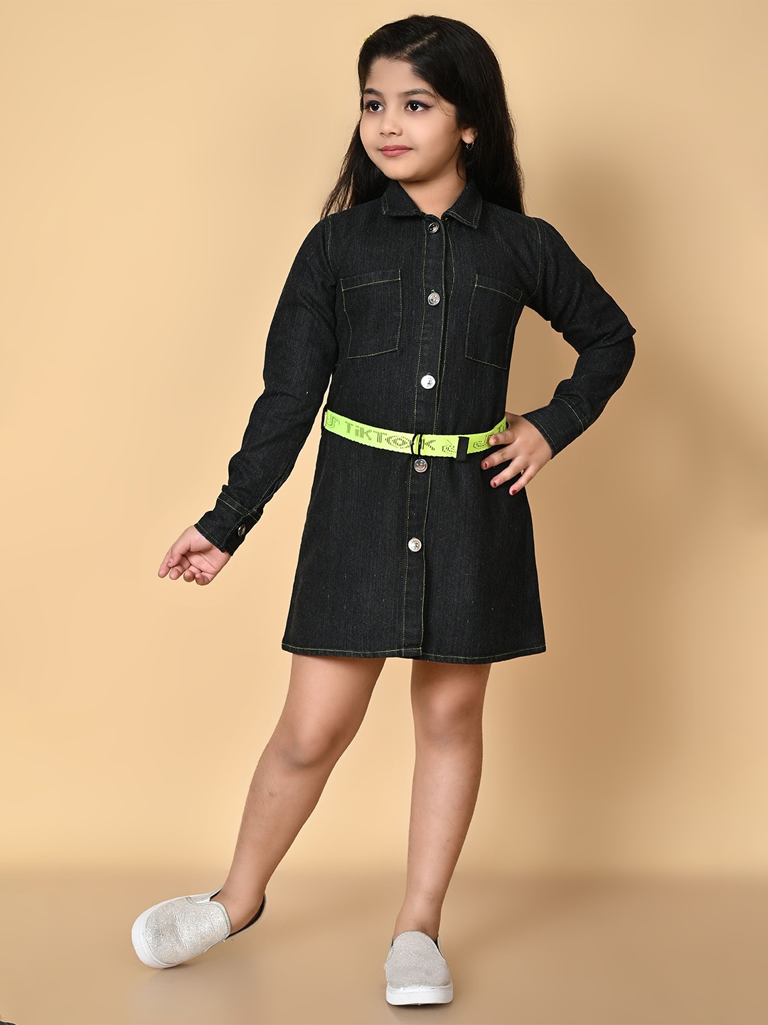 

BARKAT DESIGNING PLANET Girls Dyed Denim Formal A-Line Dress, Black