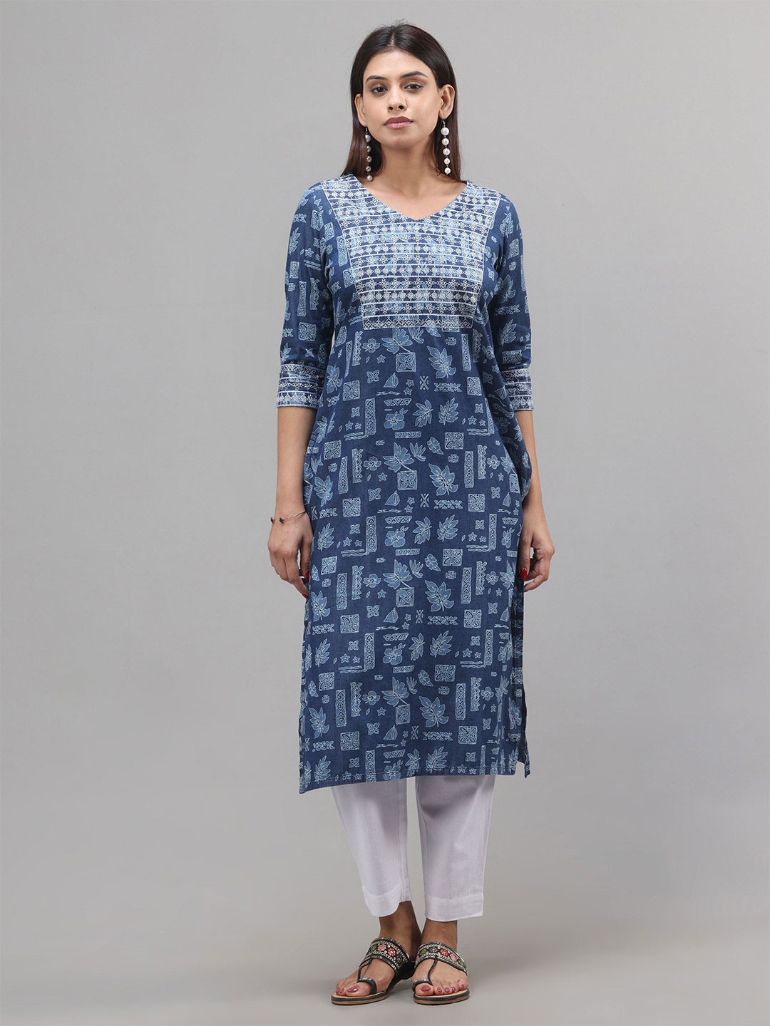 

Vismay Women Floral Printed With Embroidered Details Straight Kurta, Blue