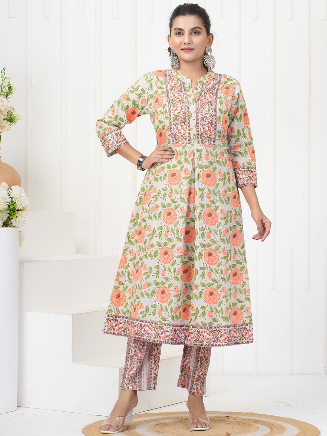 

KALINI Floral Printed A Line Kurta with Trousers, White