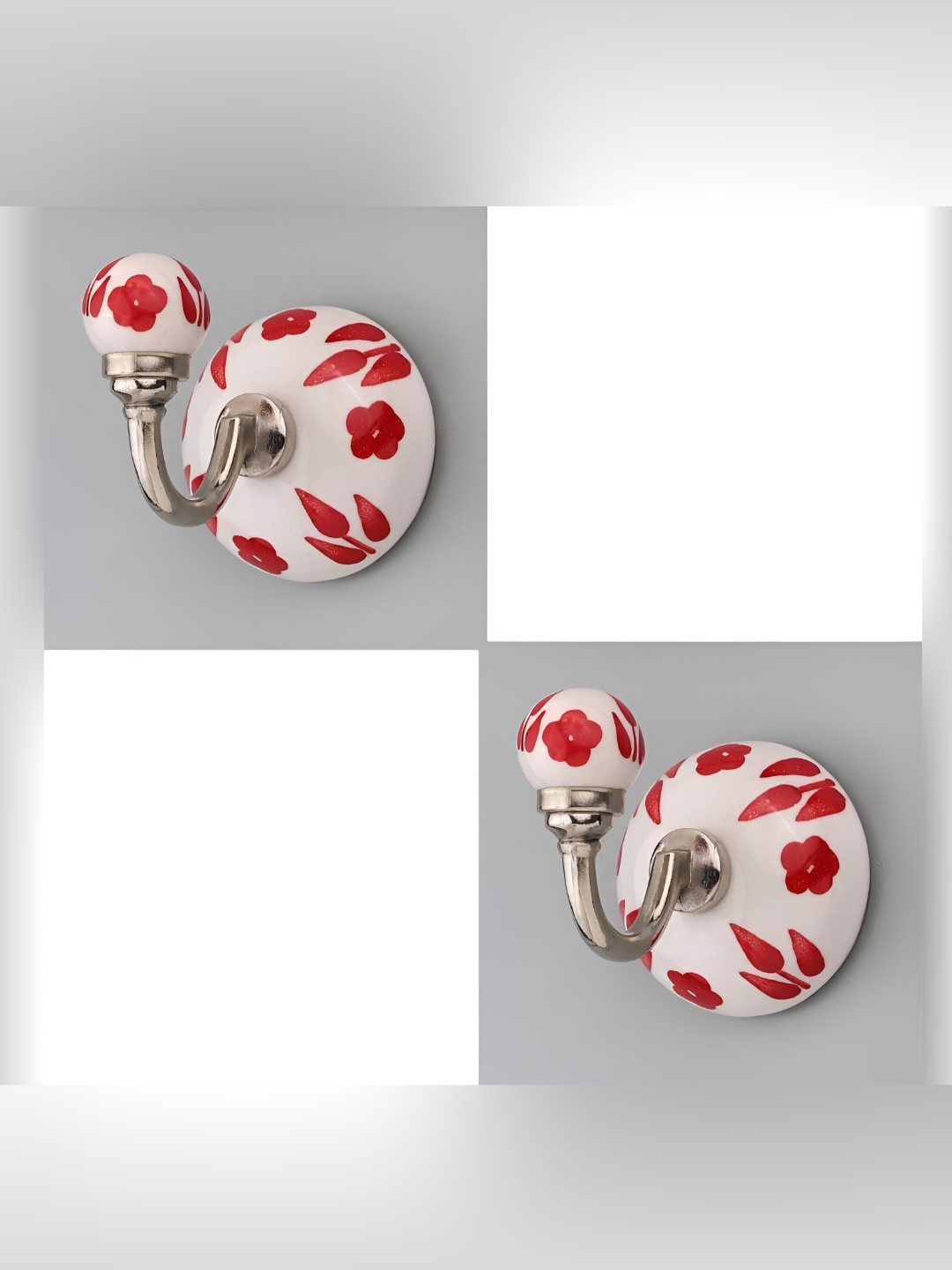 

IndianShelf White & Red 2 Pcs Floral Printed Ceramic Wall Hooks