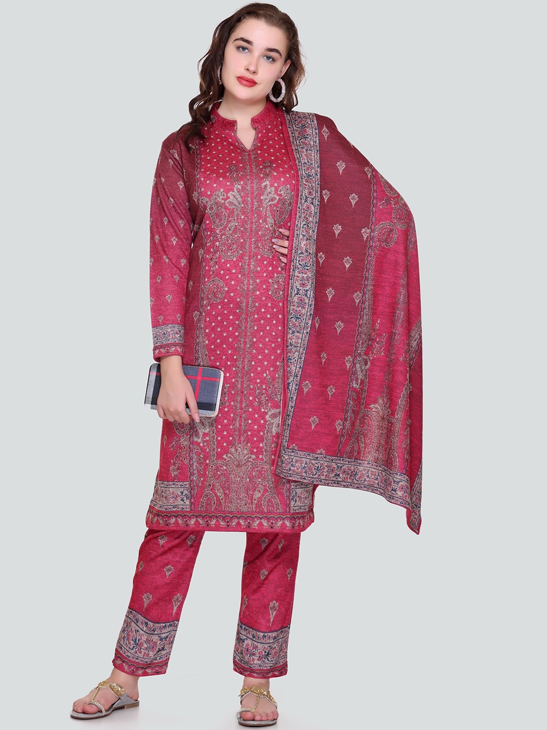 

Melvin Floral Printed Mandarin Collar Straight Kurta With Trousers & Dupatta, Pink