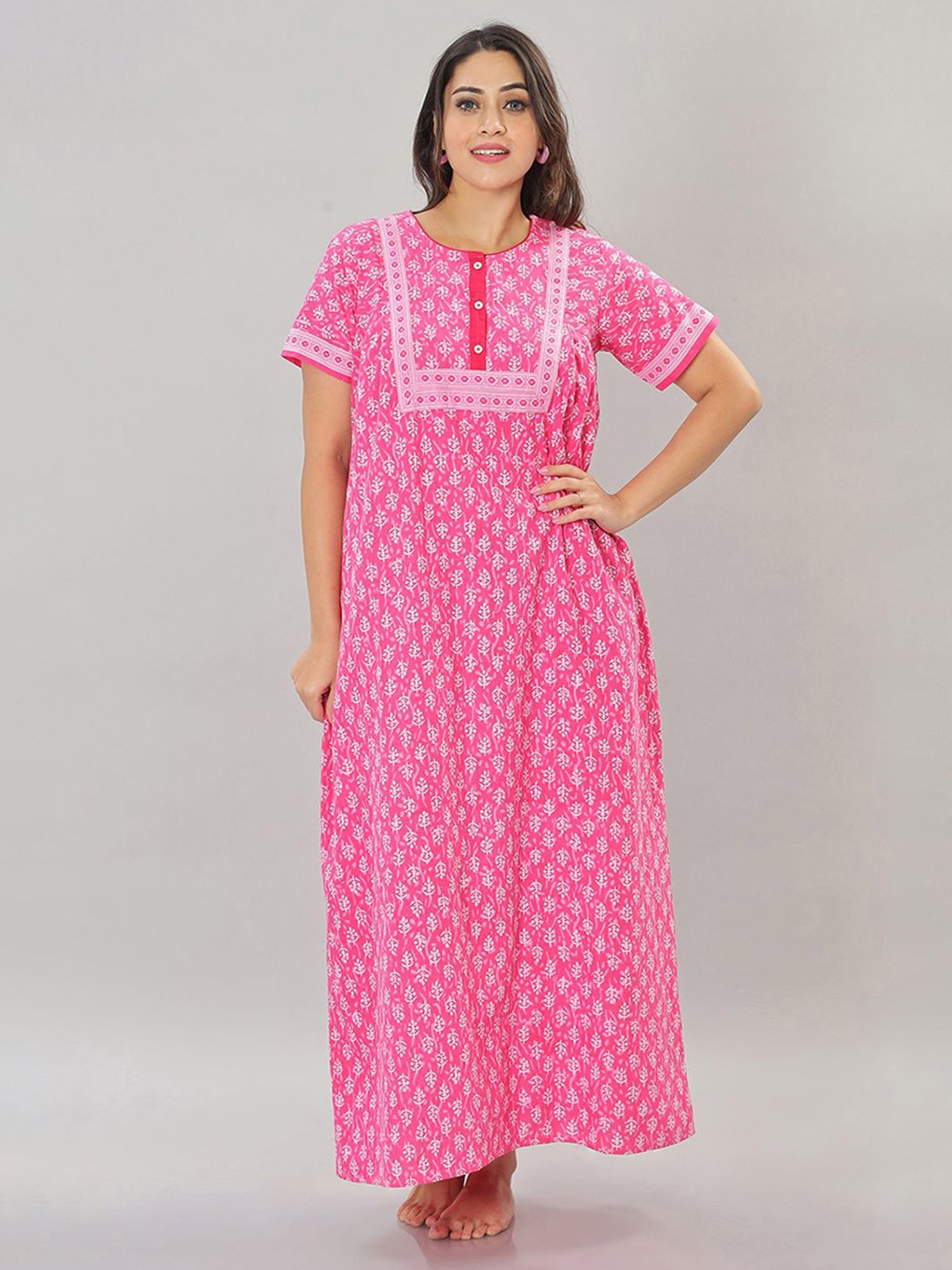 

NAIDU HALL Women Printed Pure Cotton Maxi Nightdress, Pink