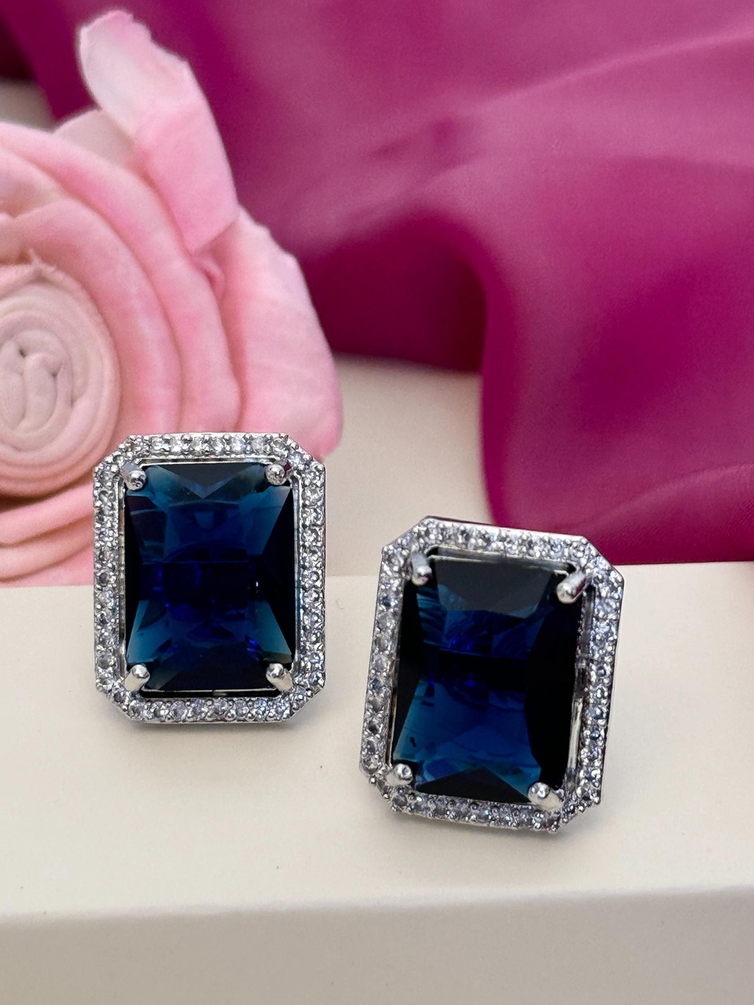 

ABDESIGNS Silver Plated American Diamond Studded Classic Studs Earrings