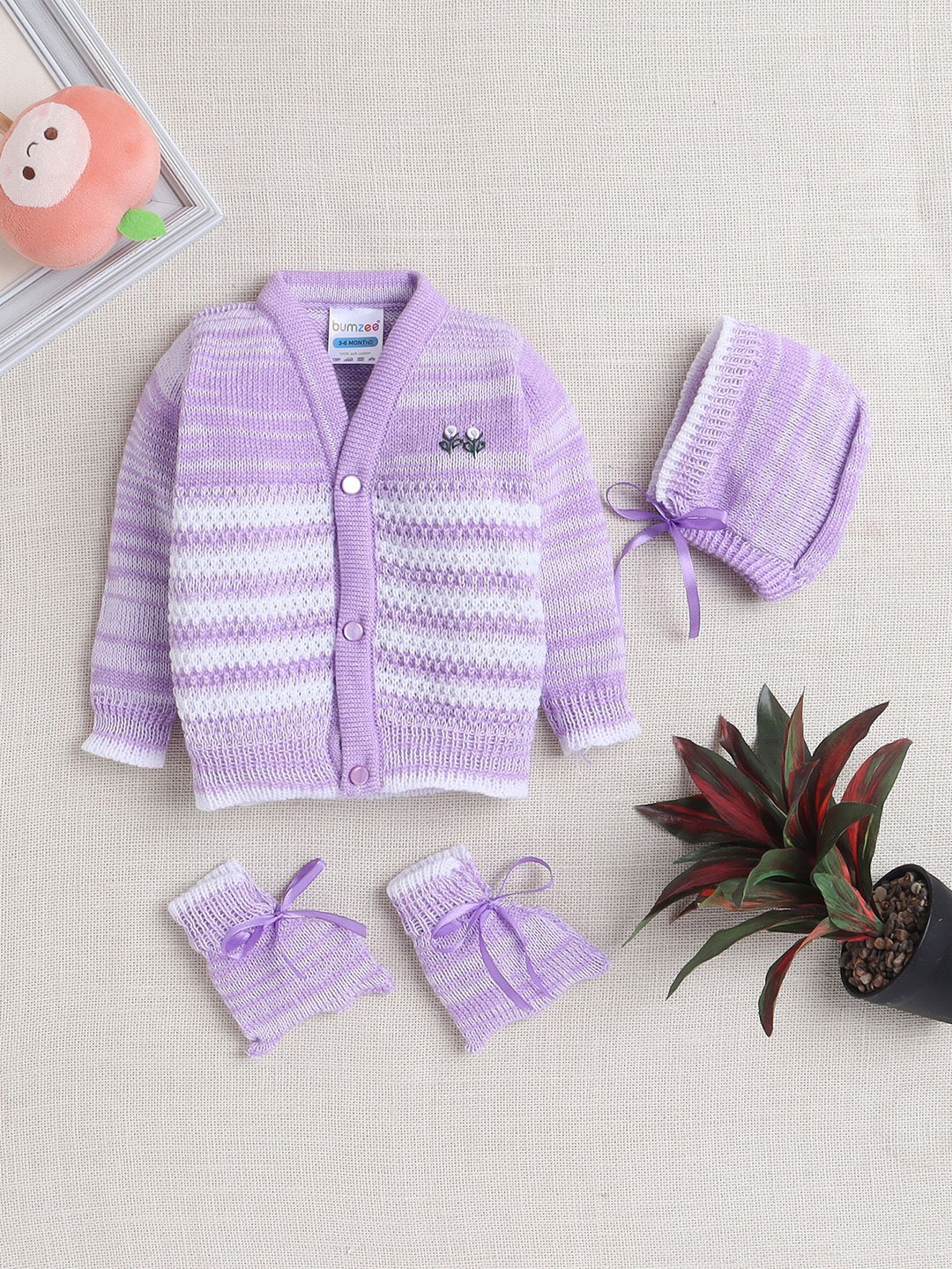 

BUMZEE Girls Striped Sweater With Cap & Socks, Lavender