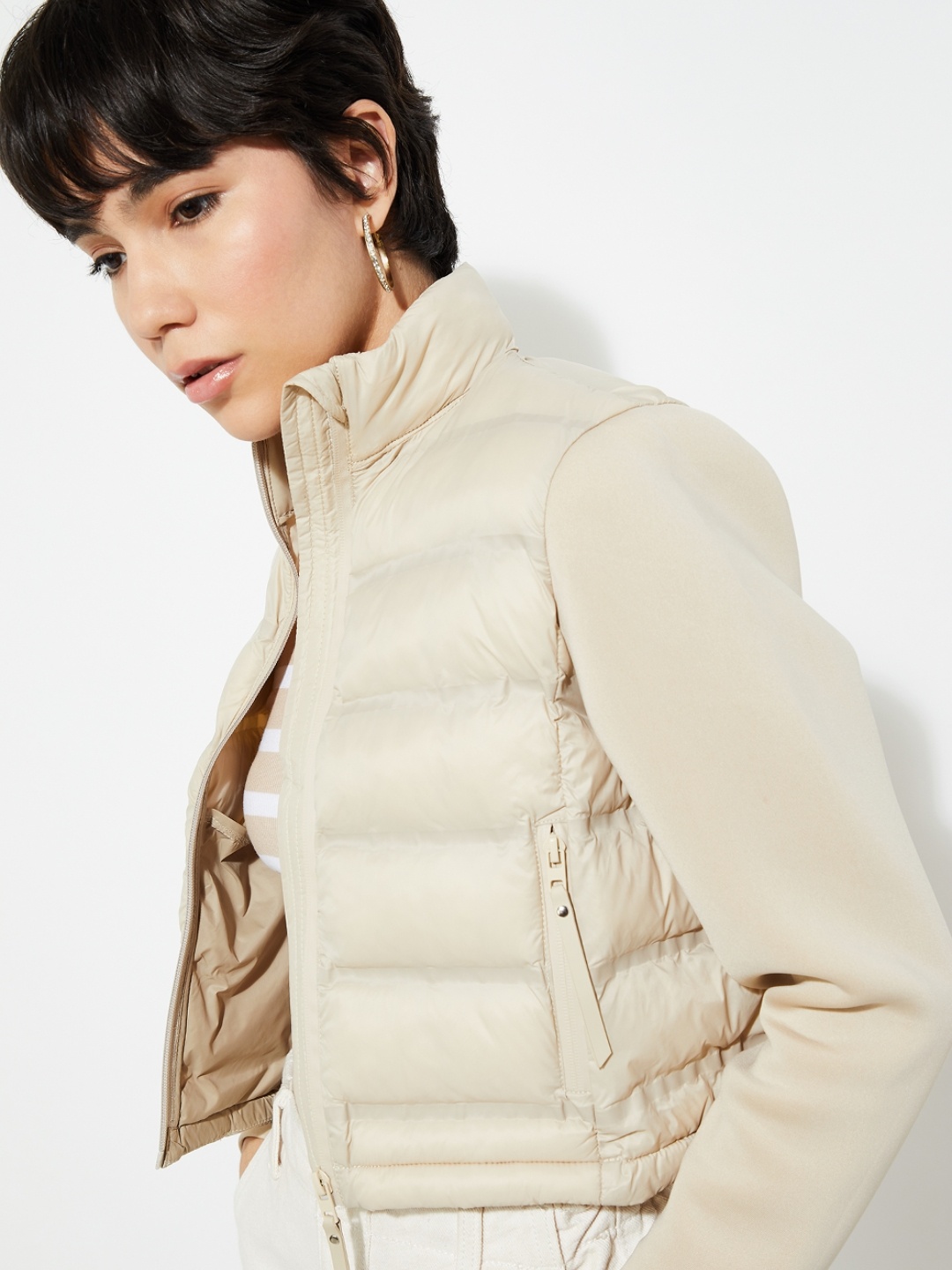 

MAX URB_N Women Puffer Jacket with Scuba Sleeves, Off white