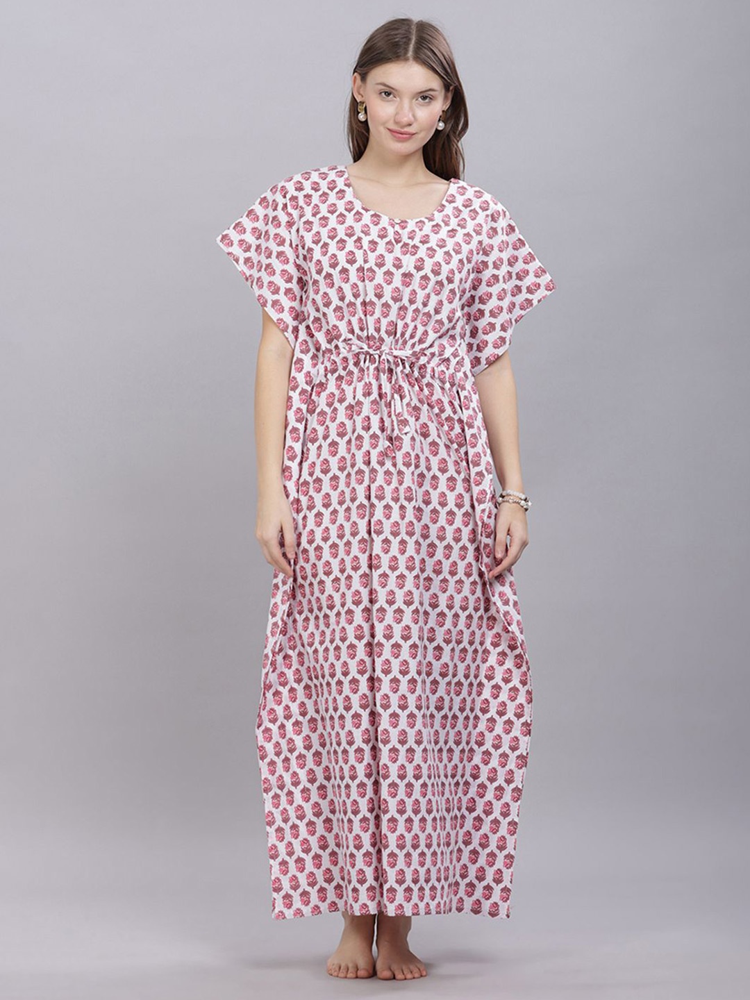 

NAIDU HALL Women Pure Cotton Maxi Kaftan Nightdress, White