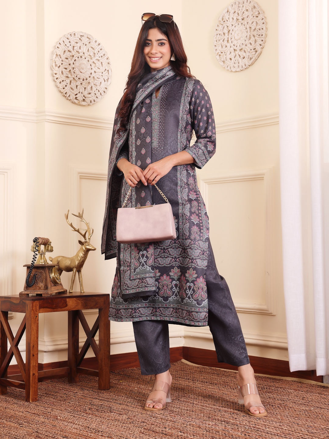 

Varanga Grey Ethnic Motifs Printed Regular Straight Kurta With Trouser With Dupatta