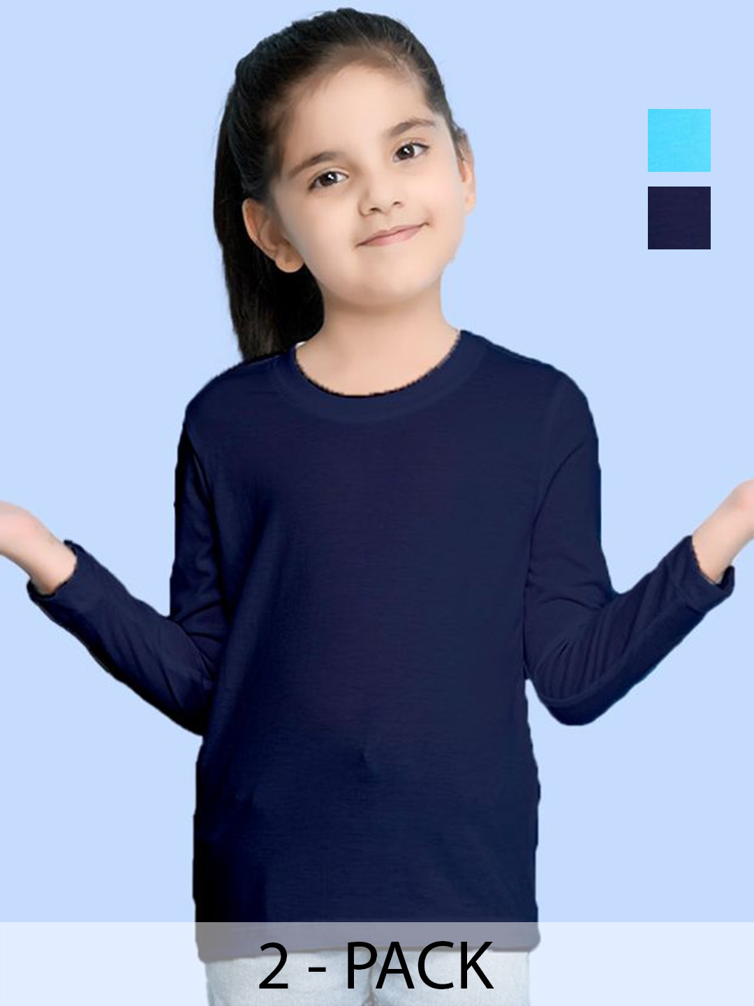 

NUSYL Girls Pack Of 2 Solid Round Neck Cotton T-shirts, Navy blue