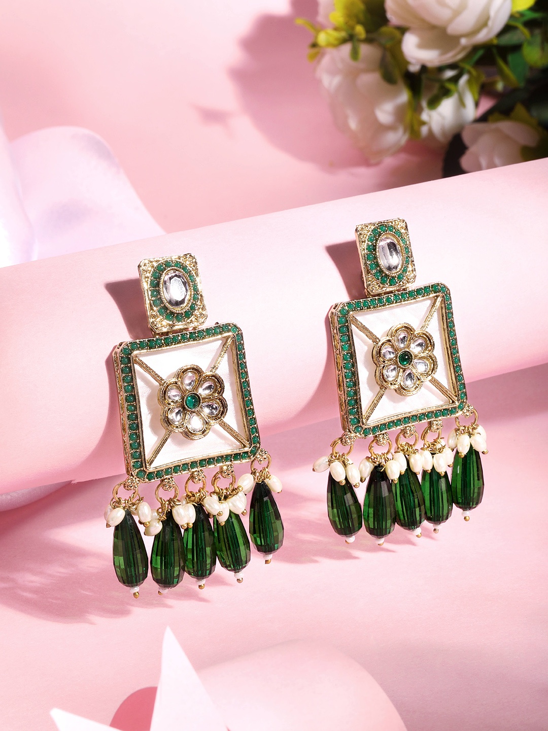 

ASMITTA JEWELLERY 18k Gold-Plated Stone Studded Square Drop Earrings