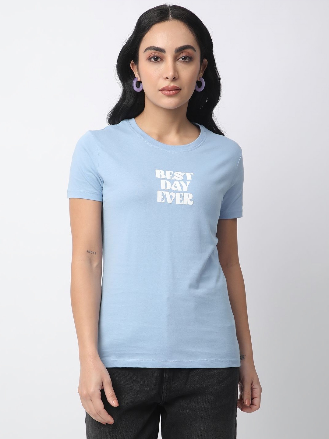 

R&B Women Typography Printed Round Neck Cotton T-shirt, Blue