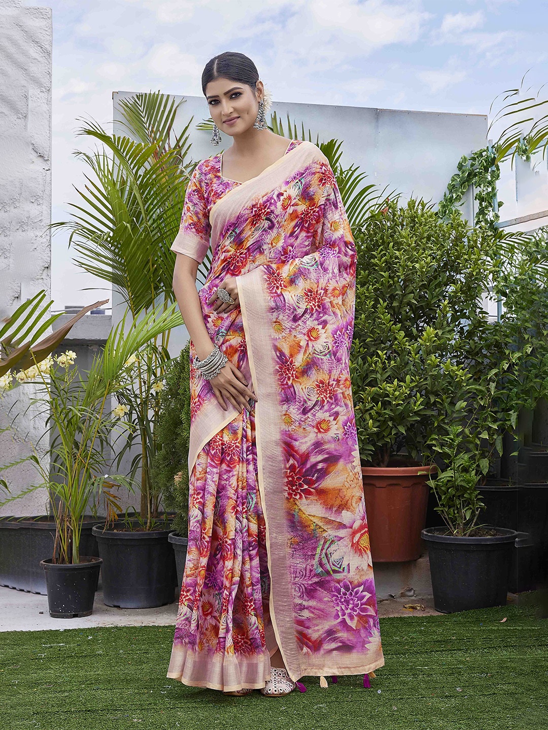 

KSM PRINTS Ethnic Motifs Printed Zari Saree, Purple