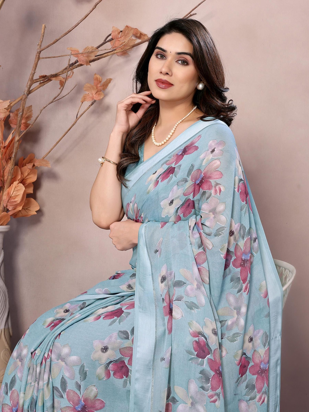 

Ekasya Floral Printed Saree, Turquoise blue