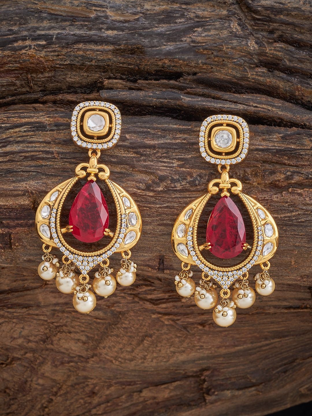 

Kushal's Fashion Jewellery Contemporary Kundan Drop Earrings, Red