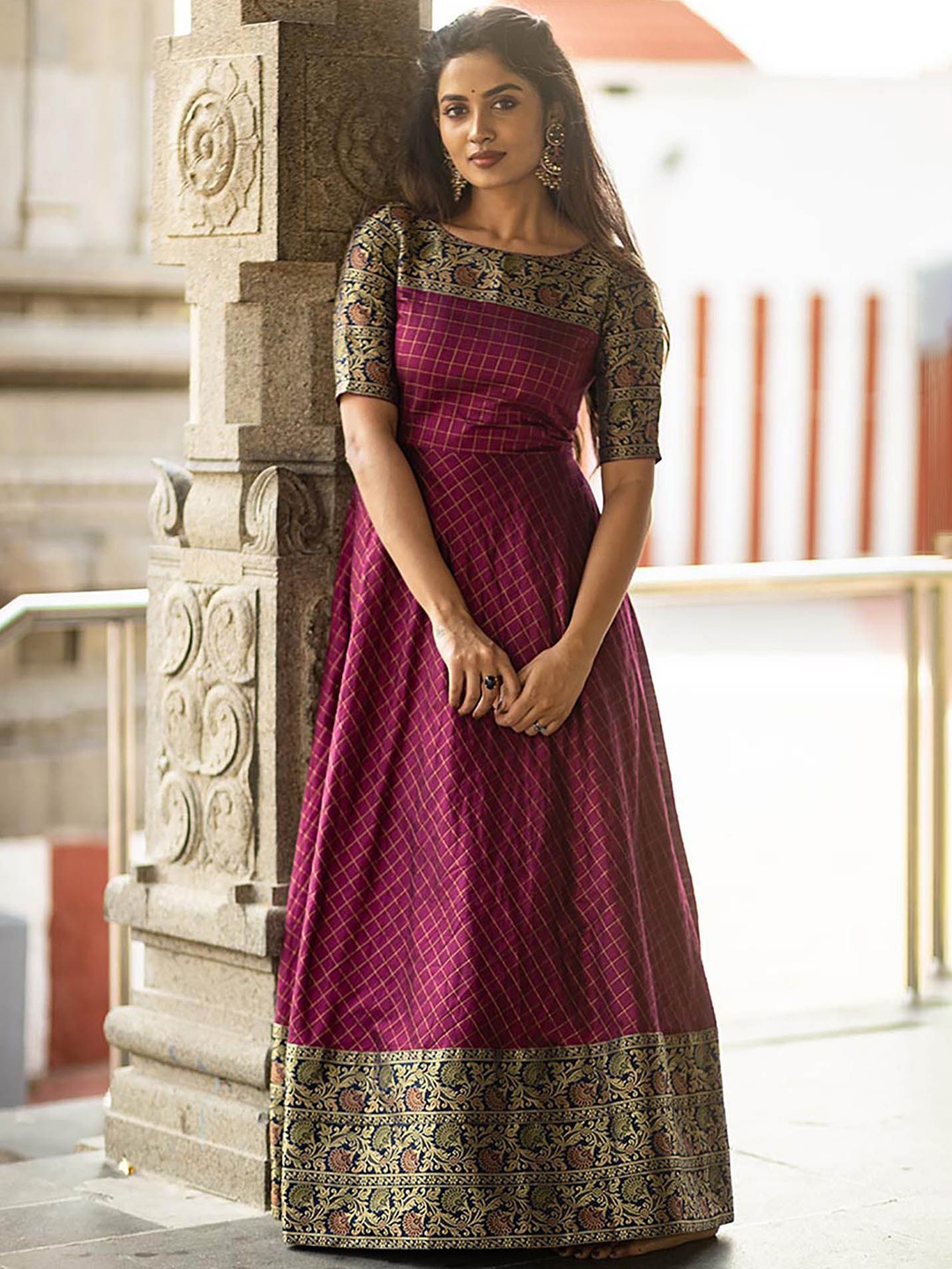 

BAESD Checked Boat Neck Jacquard Gown Ethnic Dresses, Purple