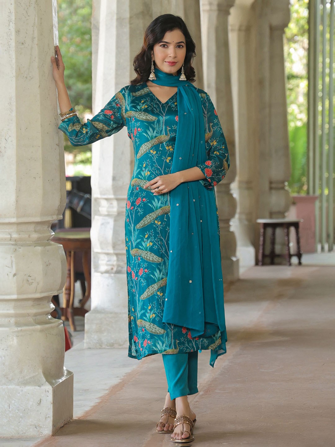 

KALINI Floral Printed Regular Straight Kurta with Trousers & Dupatta, Turquoise blue