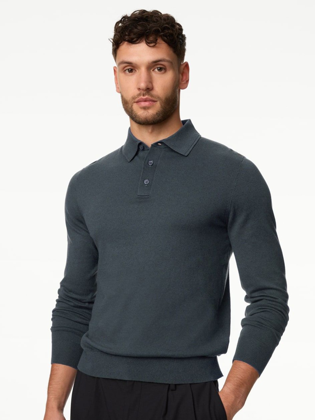 

Marks & Spencer Men Solid Polo Collar Slim Fit Cotton Casual T-shirt, Grey