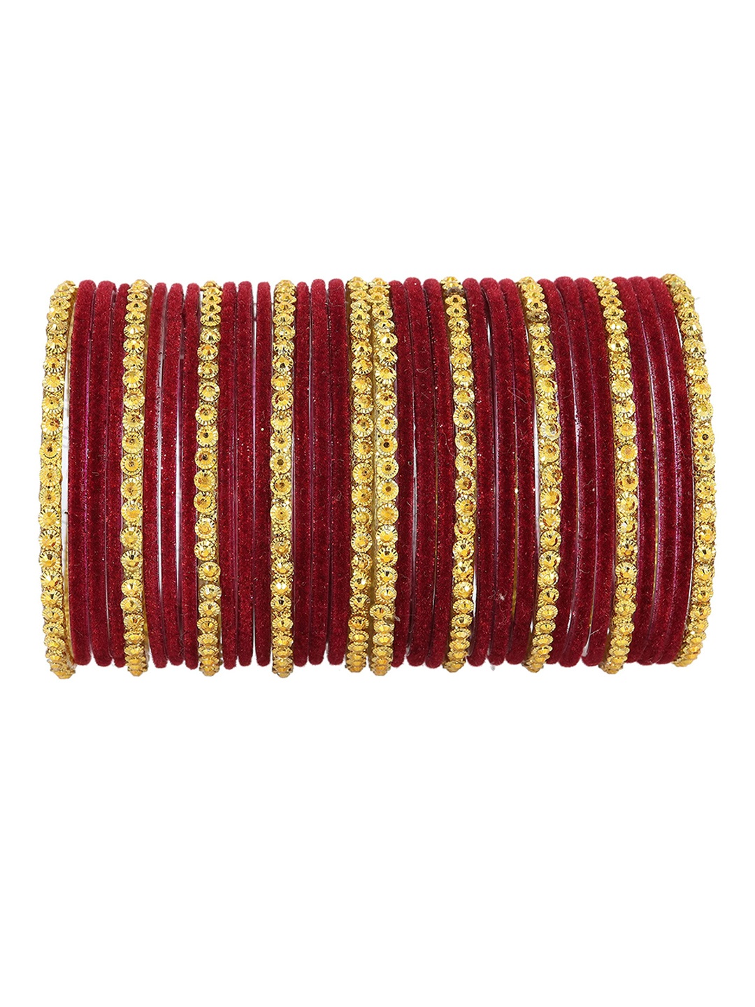 

ZULKA Set of 34 Stylish Velvet and Golden Beads Glass Fancy Bangles, Maroon