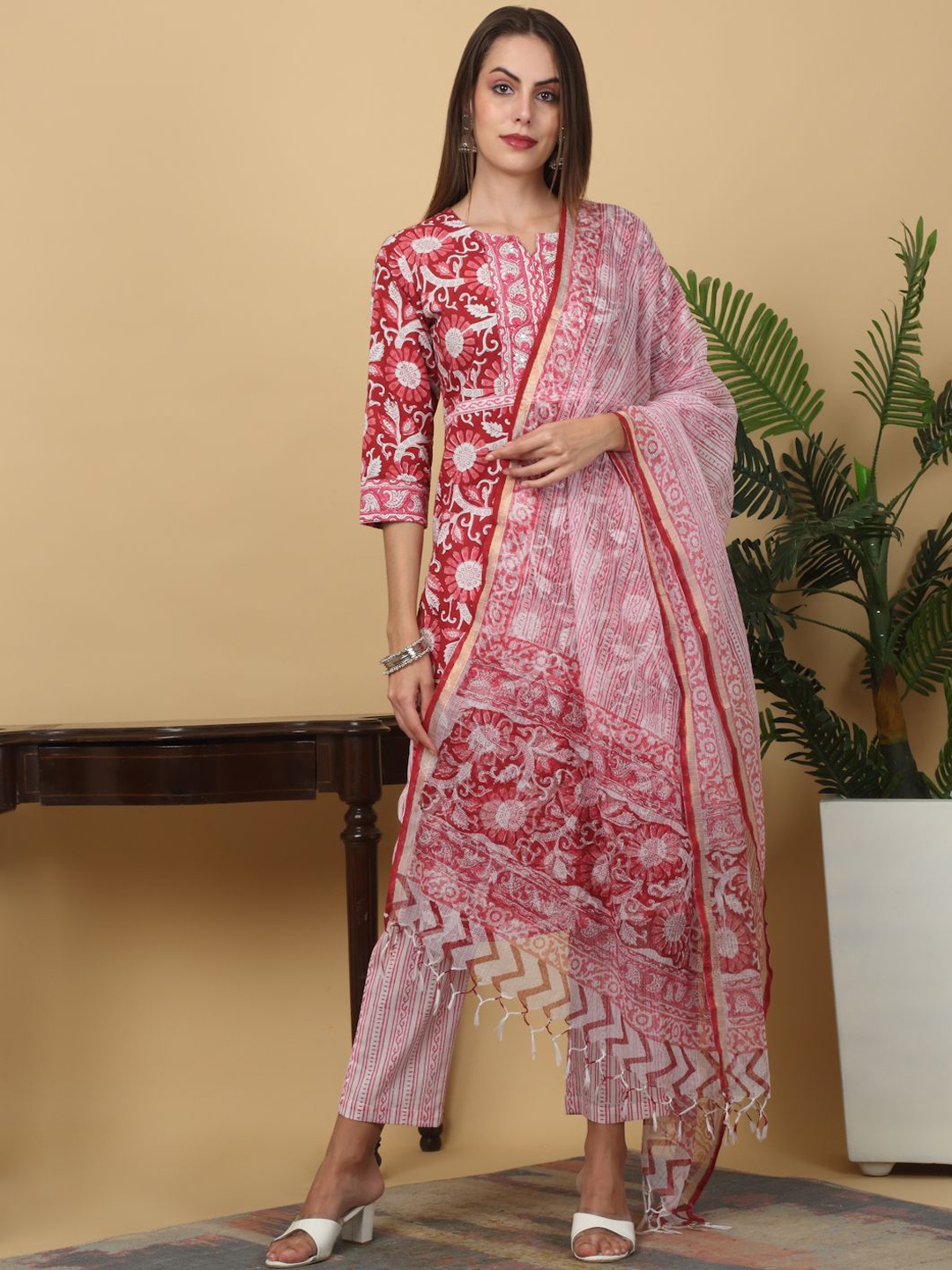 

KALINI Women Floral Printed Regular Mirror Work Pure Cotton Kurta with Trousers & With Dupatta, Red