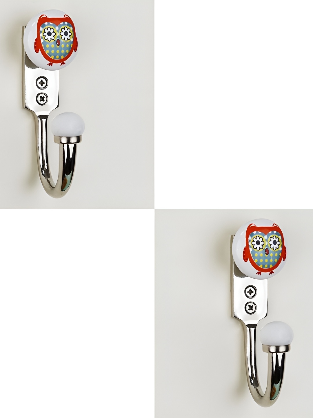 

IndianShelf White & Red 2 Pieces Owl Printed Ceramic & Zinc Wall Hooks