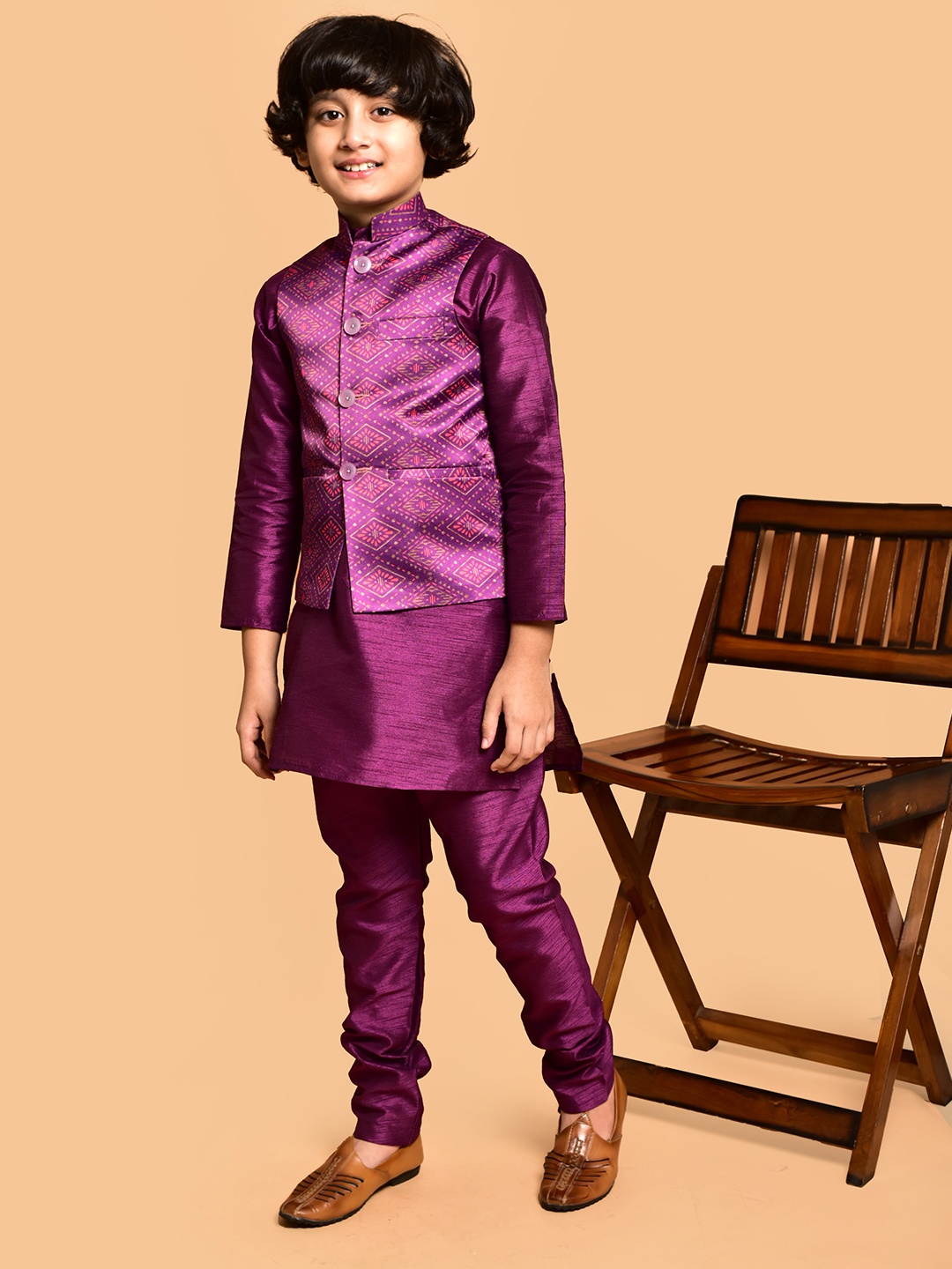 

PRINTINDIA Boys Mandarin Collar Regular Straight Kurta with Pyjamas, Purple