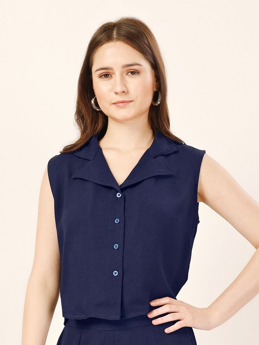 

DressBerry Women Cuban Collar Solid Casual Shirt, Navy blue