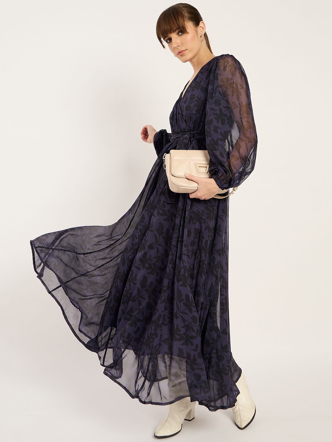 

FEMMELLA Floral Print Puff Sleeve Chiffon Maxi Dress, Purple