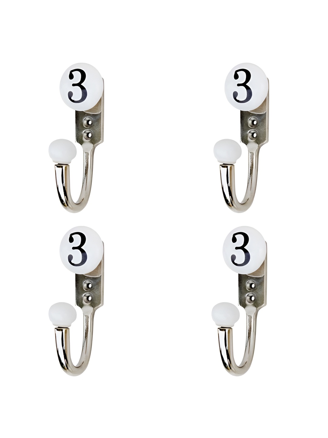 

IndianShelf White & Black 4 Pieces Ceramic & Zinc Number 3 Cloth Hangers Coat Hooks