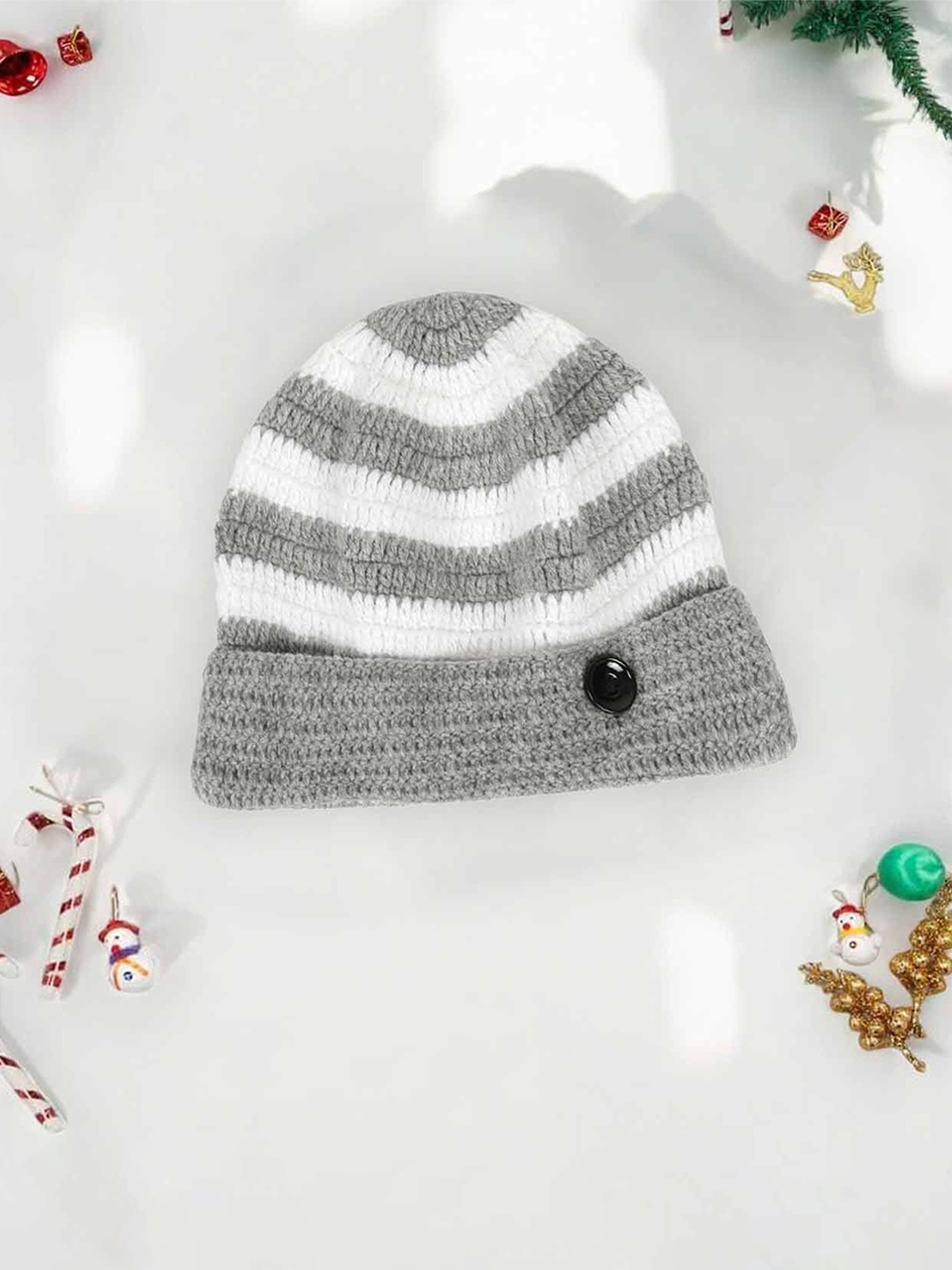 

LITTLE GINNIE Kids Comfortable Fit Striped Woollen Beanie Cap, Grey