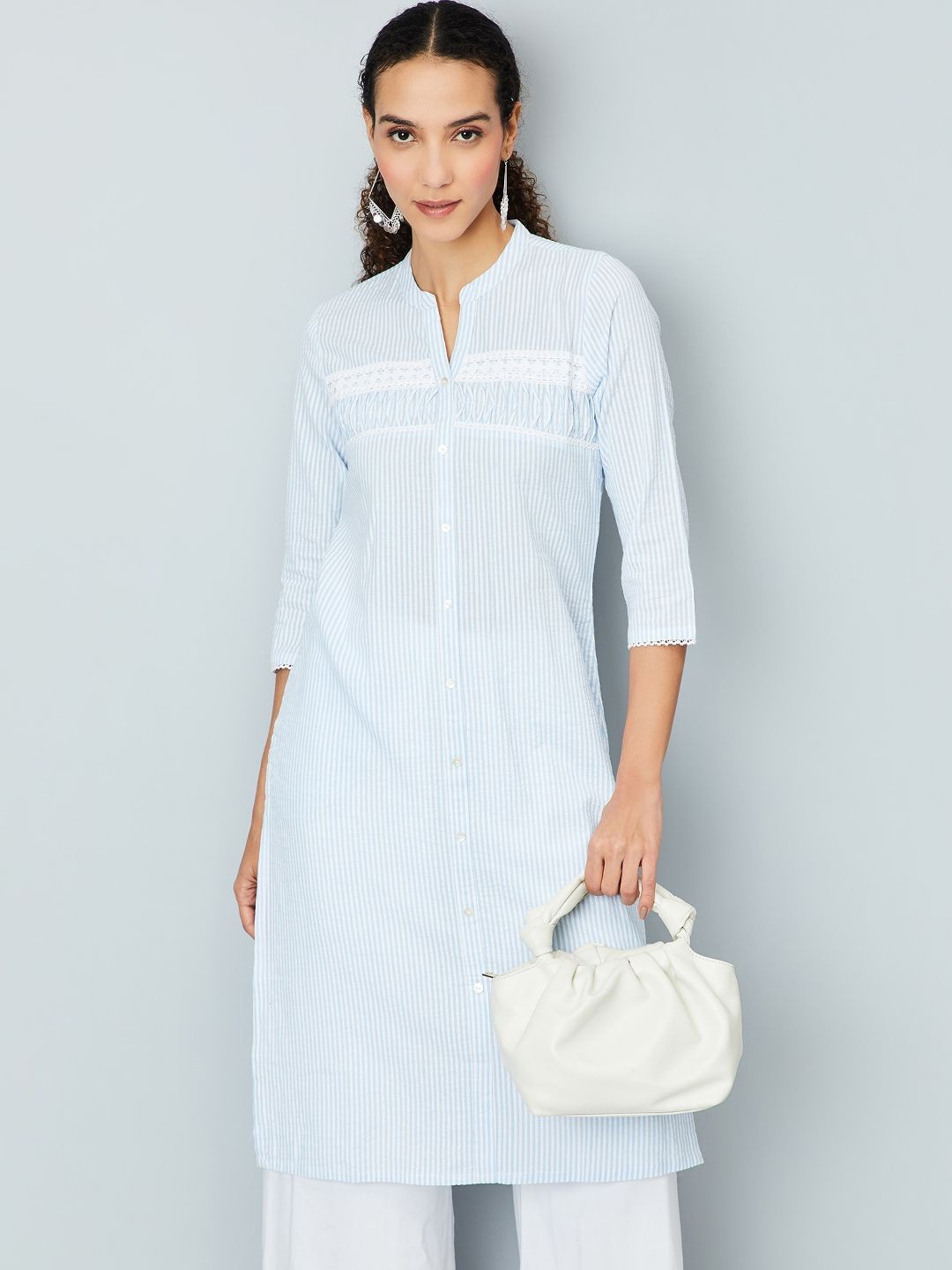 

max Striped Embroidered Cotton Straight Kurta, Blue