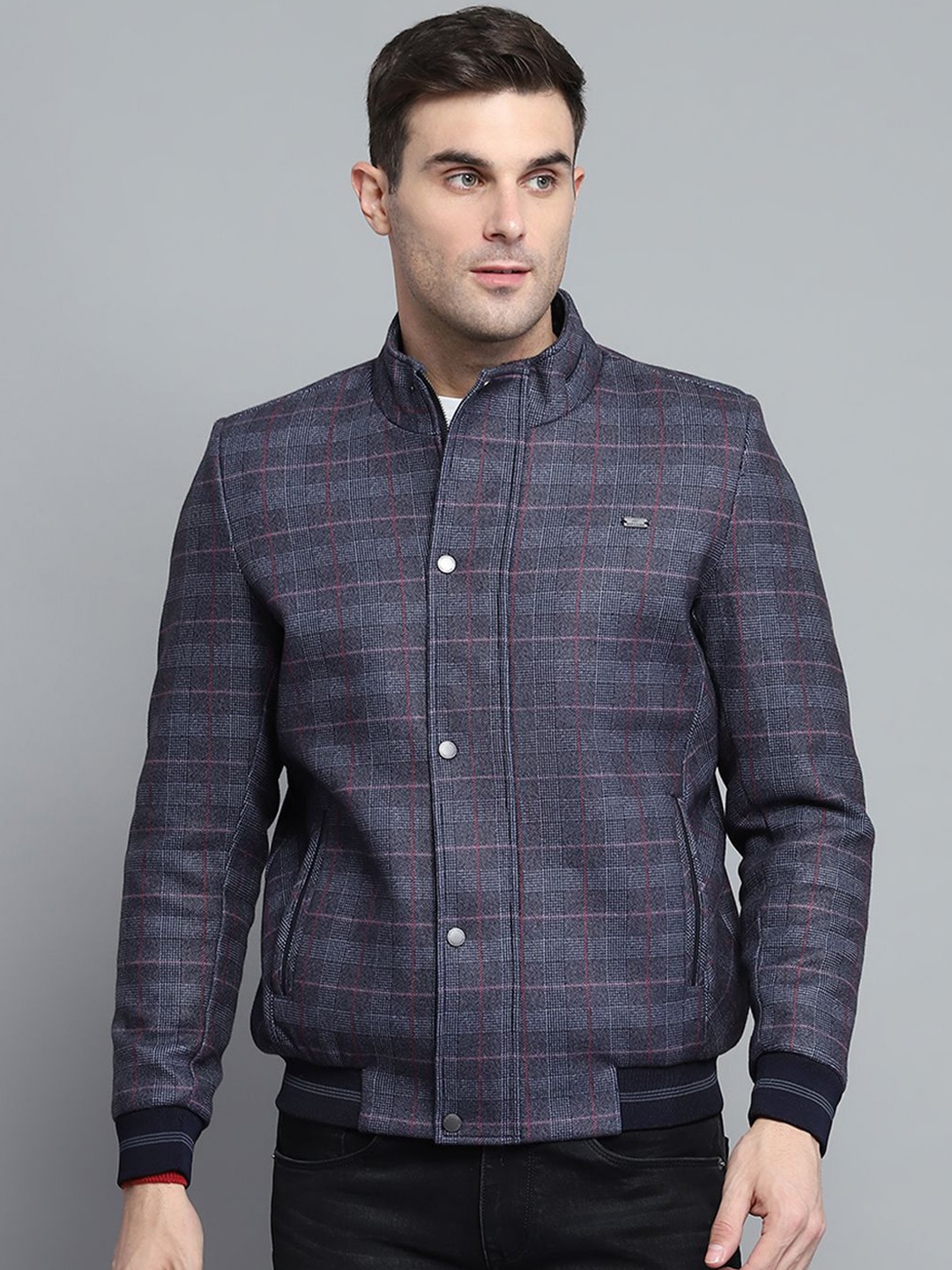 

Monte Carlo Men Mock Collar Geometric Printed Casual Padded Jacket, Navy blue