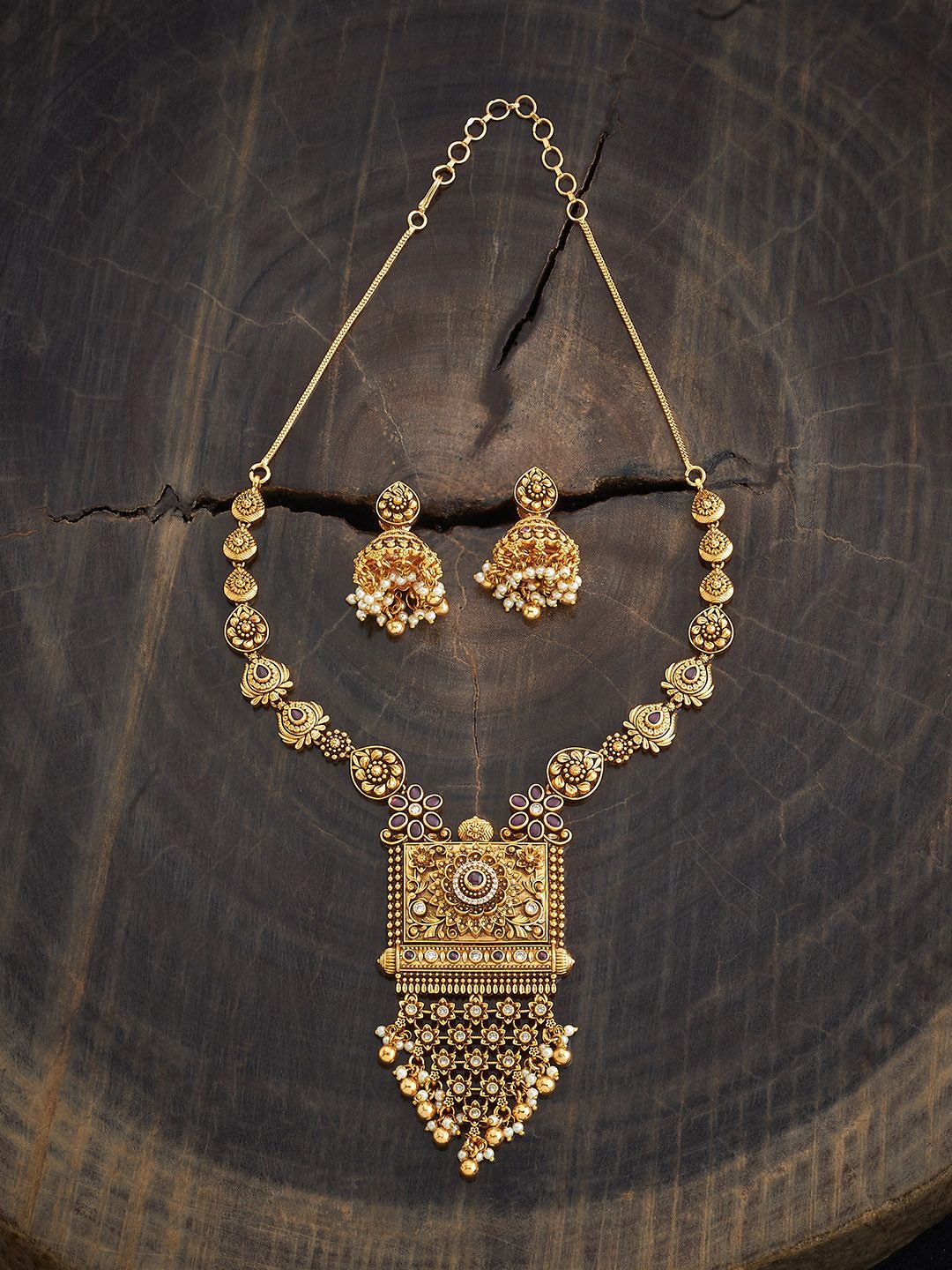 

Kushal's Fashion Jewellery Gold-Plated Stone-Studded & Beaded Necklace and Earrings