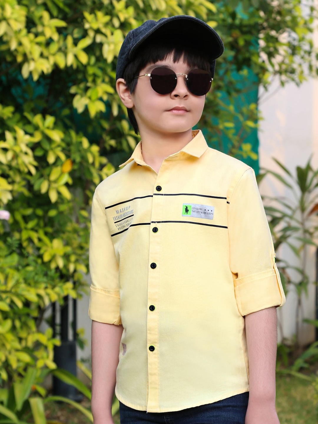 

MashUp Boys Classic Typography Printed Cotton Casual Shirt, Yellow