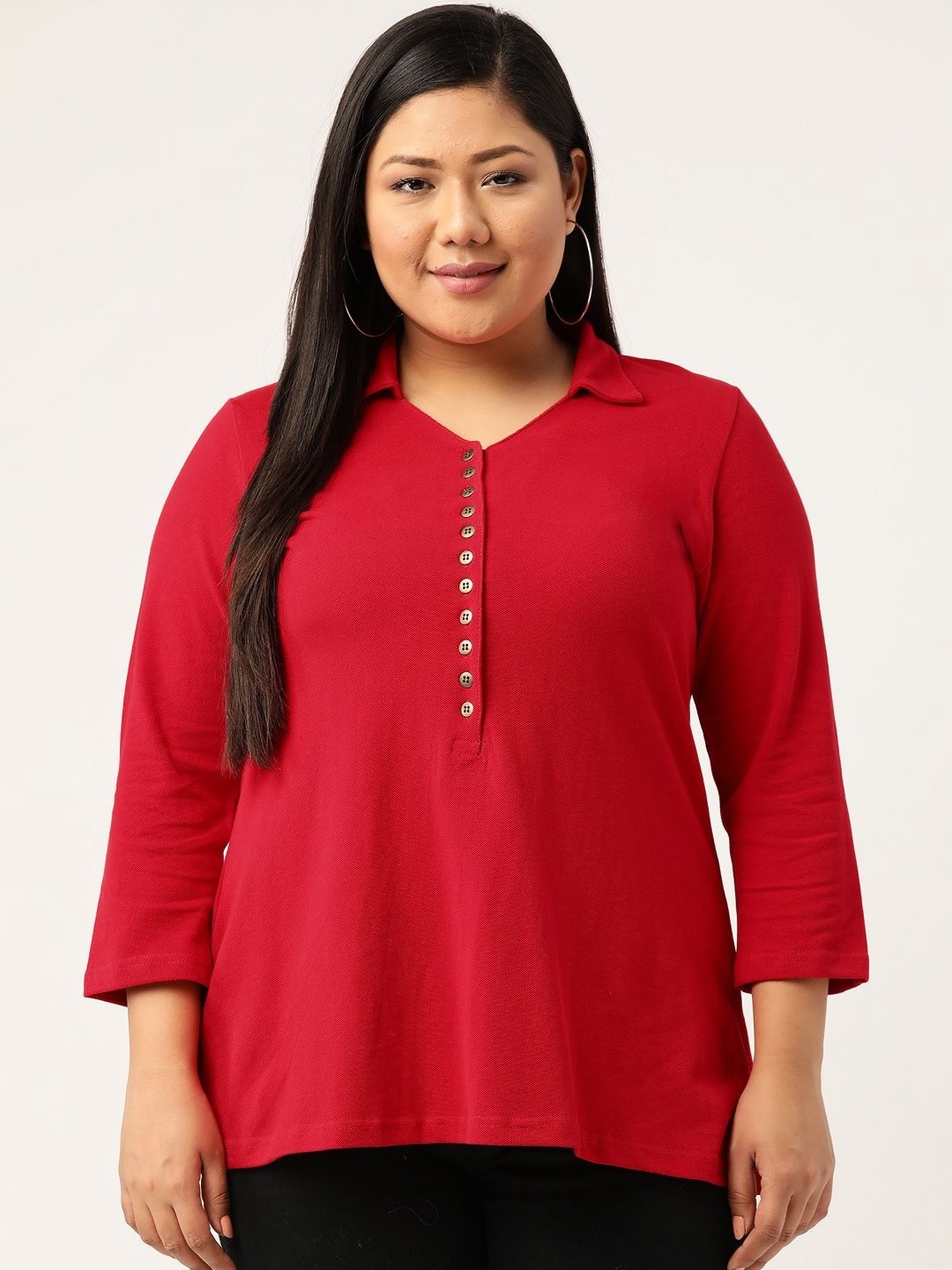 

theRebelinme Women Solid Shirt Collar A-Line Pure Cotton Kurti, Red