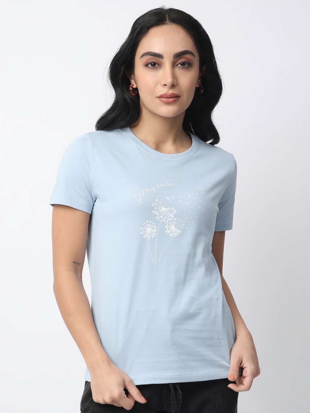 

R&B Women Typography Printed Round Neck Cotton T-shirt, Blue
