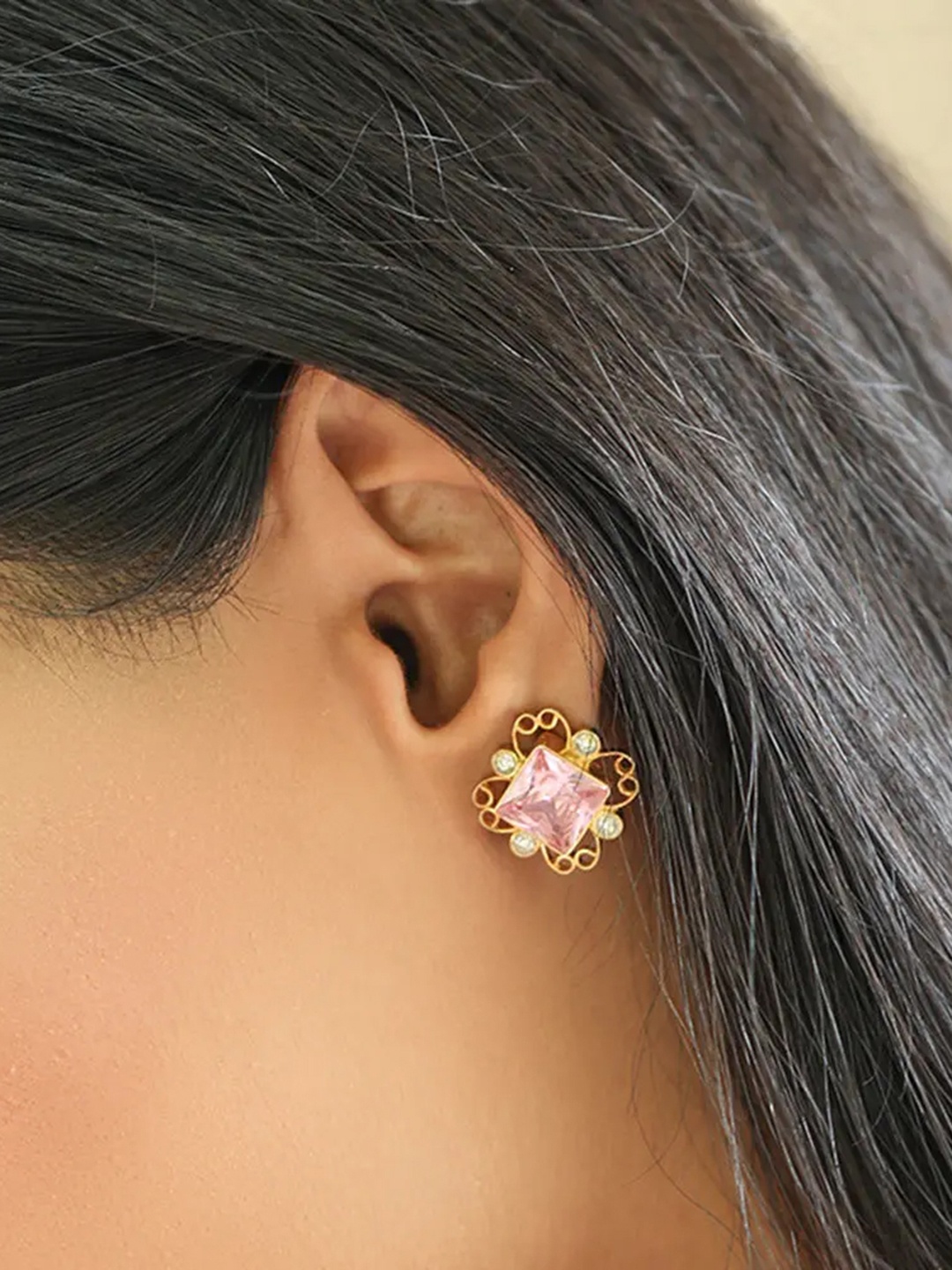 

Unniyarcha 92.5 Silver Gold-Plated Artificial Stones Studded Square Earrings