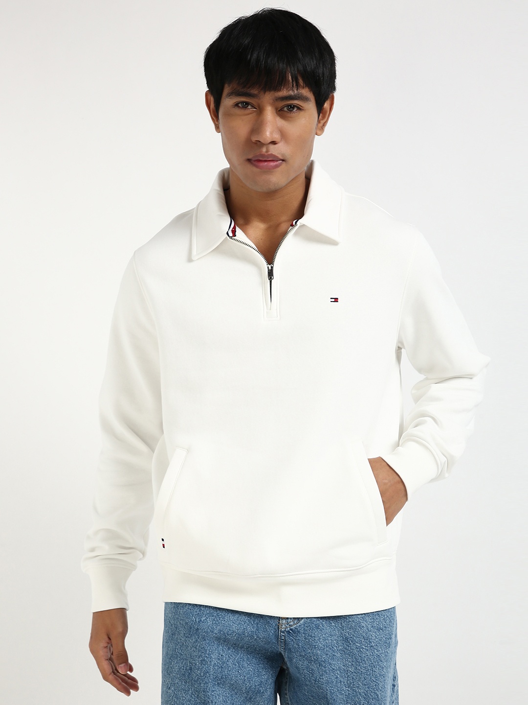 

Tommy Hilfiger Men Spread Collar Solid Cotton Casual Sporty Jacket, Off white